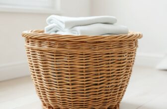 Panier à linge en osier rempli de serviettes blanches propres et pliées, posé sur un parquet clair