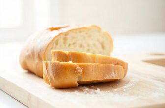 Pain de mie maison en partie tranché sur une planche en bois, dans une cuisine claire