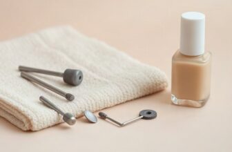 Embouts de ponceuse à ongles et petit flacon de vernis posés sur une serviette claire
