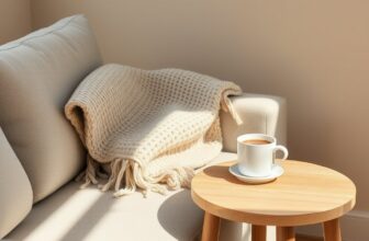 Coin de canapé gris clair avec un plaid en laine tricotée beige et une tasse de thé posée sur une petite table ronde en bois, dans la lumière douce d'une fin d'après-midi