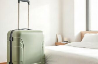 Valise cabine rigide vert sauge à quatre roues posée dans un hall de gare lumineux