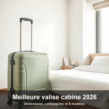 Valise cabine rigide vert sauge à quatre roues posée dans un hall de gare lumineux