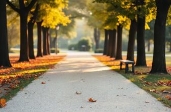 Allée de parc ensoleillée au petit matin, propice à une longue marche