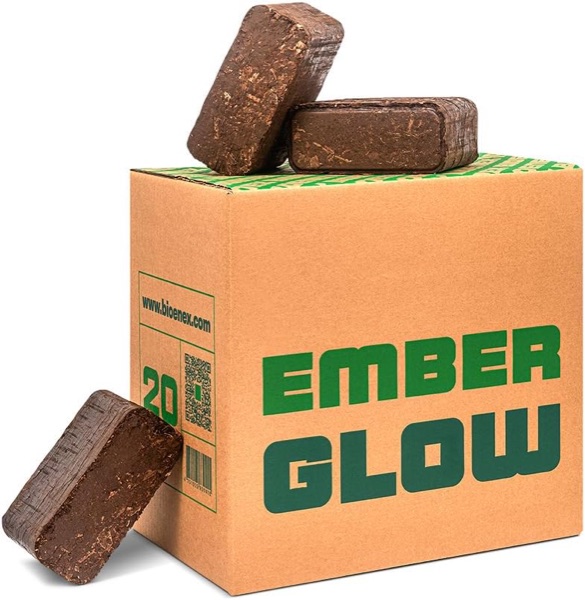 Briquettes de nuit Bioenex Emberglow en écorce de bois compressée, de couleur brun foncé