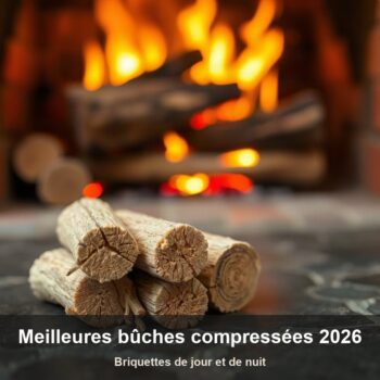Quelques bûches de bois compressé cylindriques empilées sur un sol en pierre, devant un feu flou à la lumière chaude