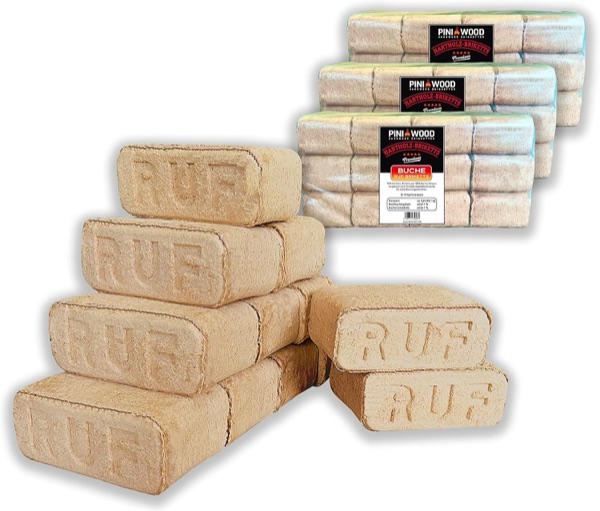 Briquettes de bois compressé RUF en hêtre de la marque PINI, rectangulaires et de couleur claire