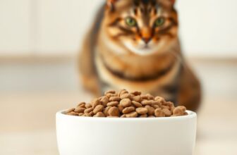 Gamelle blanche remplie de croquettes sur un sol de cuisine clair, un chat tigré flou à l'arrière-plan