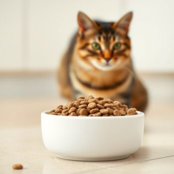 Gamelle blanche remplie de croquettes sur un sol de cuisine clair, un chat tigré flou à l'arrière-plan