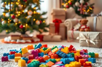 Briques de construction colorées éparpillées sur un tapis au pied d'un sapin de Noël illuminé