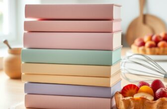 Pile de livres aux couvertures pastel unies à côté d'une tarte aux fruits et d'un fouet sur un plan de travail fariné