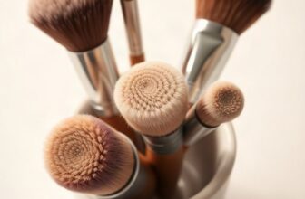 Pinceaux de maquillage disposés en éventail sur une coiffeuse claire, viroles dorées