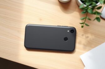 Smartphone posé écran contre un bureau en bois clair, à côté d'une tasse blanche et d'une plante