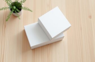 Deux boîtes blanches neutres posées sur une table en bois clair à côté d'une plante