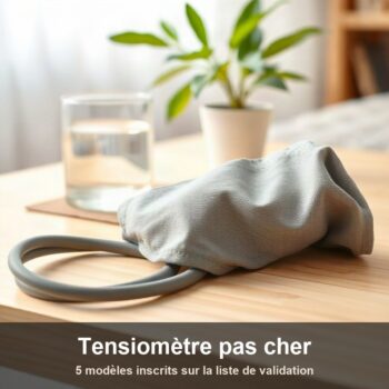 Tensiomètre de bras blanc posé sur une table en bois, brassard gris enroulé à côté