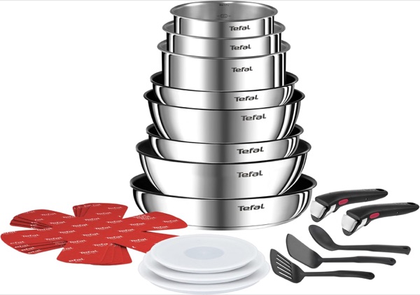 Batterie de cuisine Tefal Ingenio Emotion en inox, casseroles et poêles empilées avec poignées amovibles