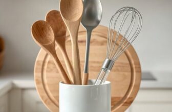 Spatules et cuillère en bois, fouet et louche en inox posés avec une planche en bambou sur un plan de travail clair