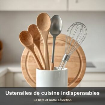 Spatules et cuillère en bois, fouet et louche en inox posés avec une planche en bambou sur un plan de travail clair